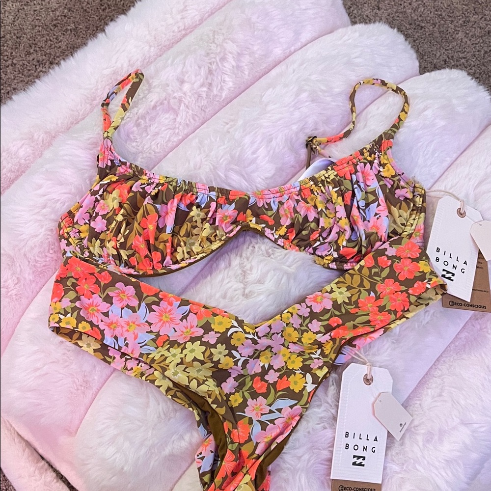 Billabong Brown Floral Cutout Bikini with Pink & Coral Flowers